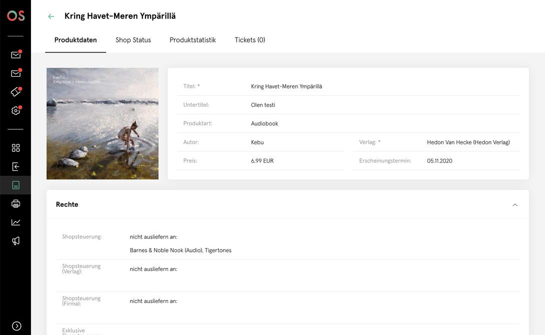 Produktdetailansicht eines Audiobooks im Bookwire OS-Dashboard mit Coverbild, Titel, Metadaten wie Autor, Preis und Erscheinungsdatum sowie einer Übersicht zu Vertriebs- und Nutzungsrechten.
