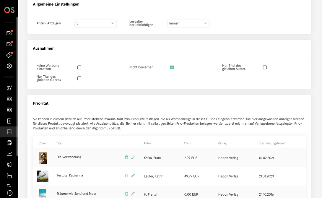 Einstellungsseite in einem Web-Dashboard mit allgemeinen Anzeigeoptionen, auswählbaren Ausnahmen und einer priorisierten Produktliste mit Coverbildern und Metadaten.