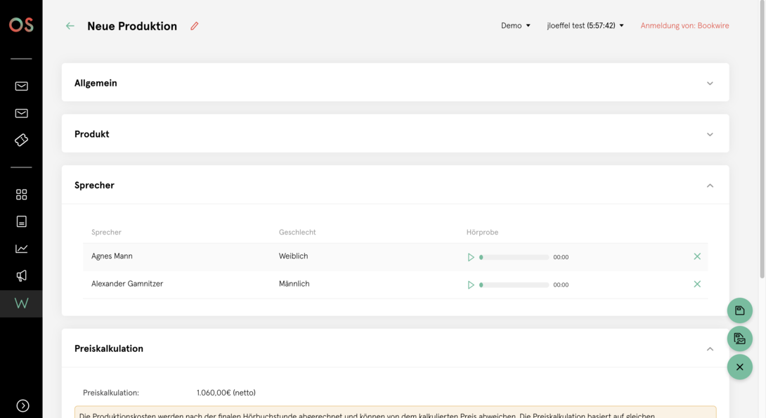 Bookwire OS Oberfläche zur Anlage einer neuen Produktion mit Formularbereichen für allgemeine Angaben, Produktdetails, Sprecherübersicht und Preiskalkulation in einem strukturierten Dashboard.