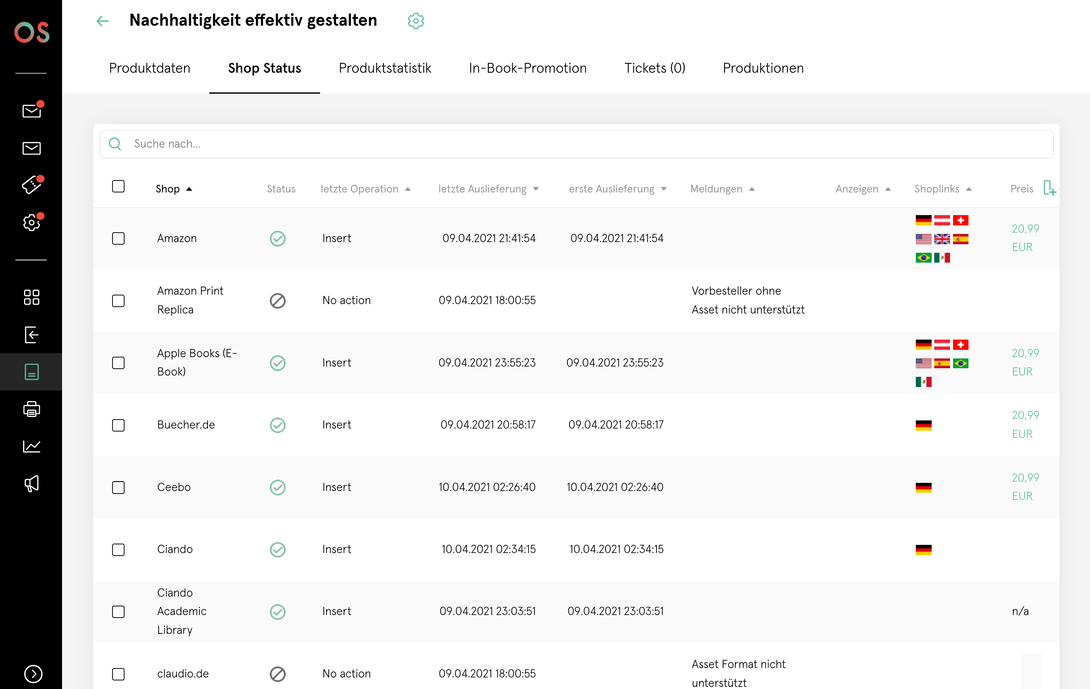 Übersichtsseite eines Bookwire OS-Dashboards mit Shop-Status für ein Produkt, dargestellt als Tabelle mit Vertriebskanälen, Veröffentlichungsstatus, Zeitstempeln und Länderkennzeichnungen.