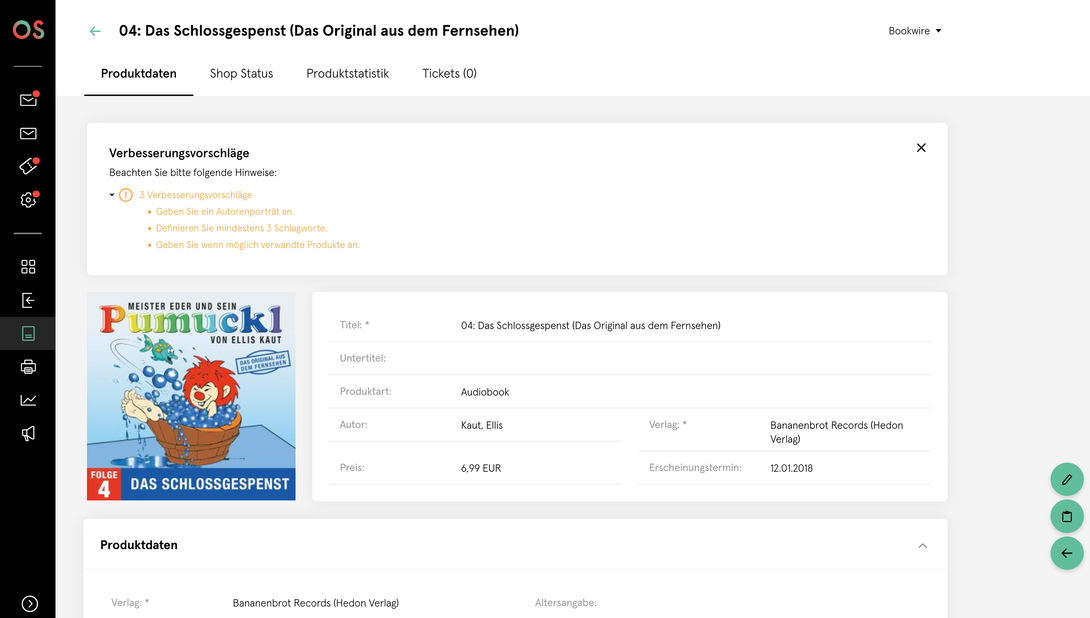 Produktdetailansicht eines Audiobooks im Bookwire OS-Dashboard mit Coverabbildung, Titel, Metadaten, Statushinweisen zur Verbesserung und strukturierten Produktinformationen.