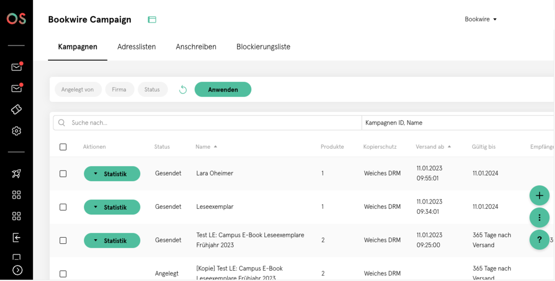 Übersichtsseite einer E-Mail- oder Marketingkampagne im Bookwire OS-Dashboard mit Filteroptionen und Tabellenansicht zu Status, Empfängern, Produkten, Versandart und Gültigkeitsdauer.