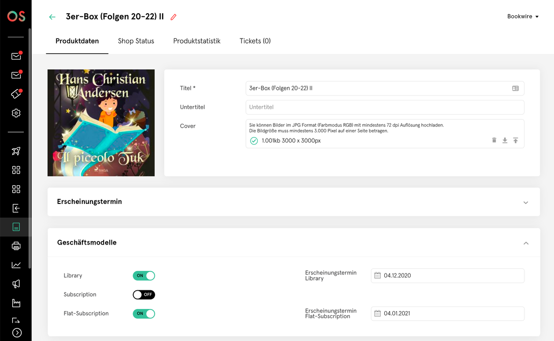 Produktdetailseite eines Hörbuchs im Bookwire OS-Dashboard mit Coverabbildung, Titel, Untertitel, Erscheinungsterminen und auswählbaren Geschäftsmodellen wie Library und Subscription.