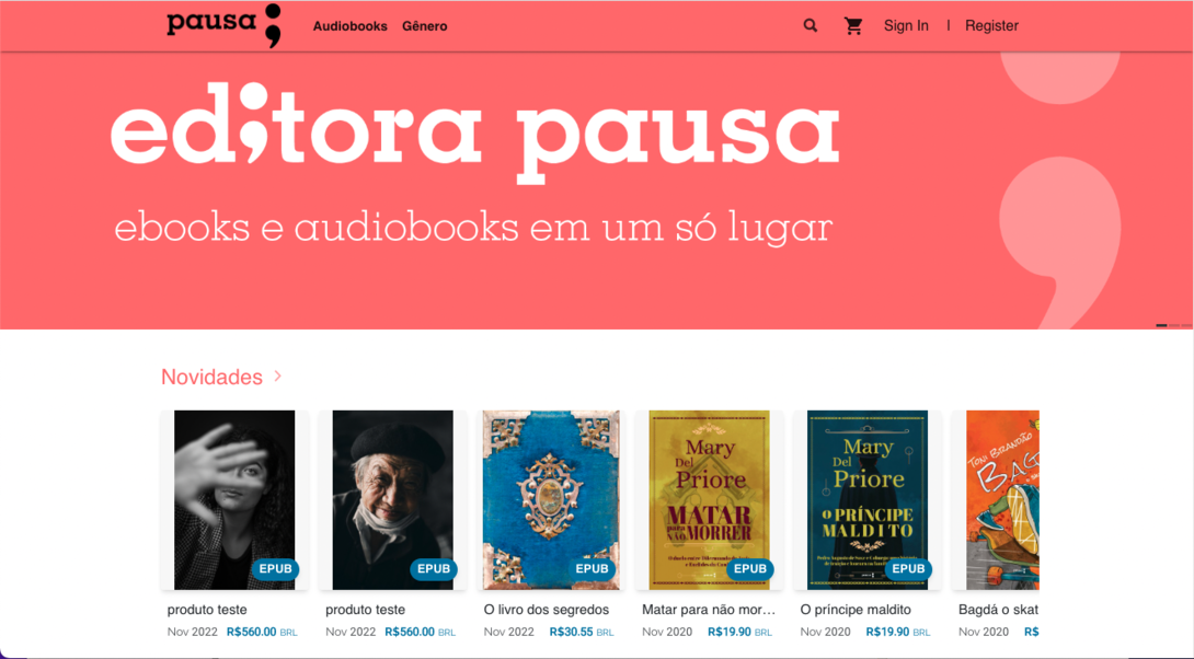 Startseite eines Online-Buchshops mit dem Titel ›editora pausa‹, hervorgehobenen E-Books und Audiobooks sowie einer Übersicht aktueller Neuerscheinungen.