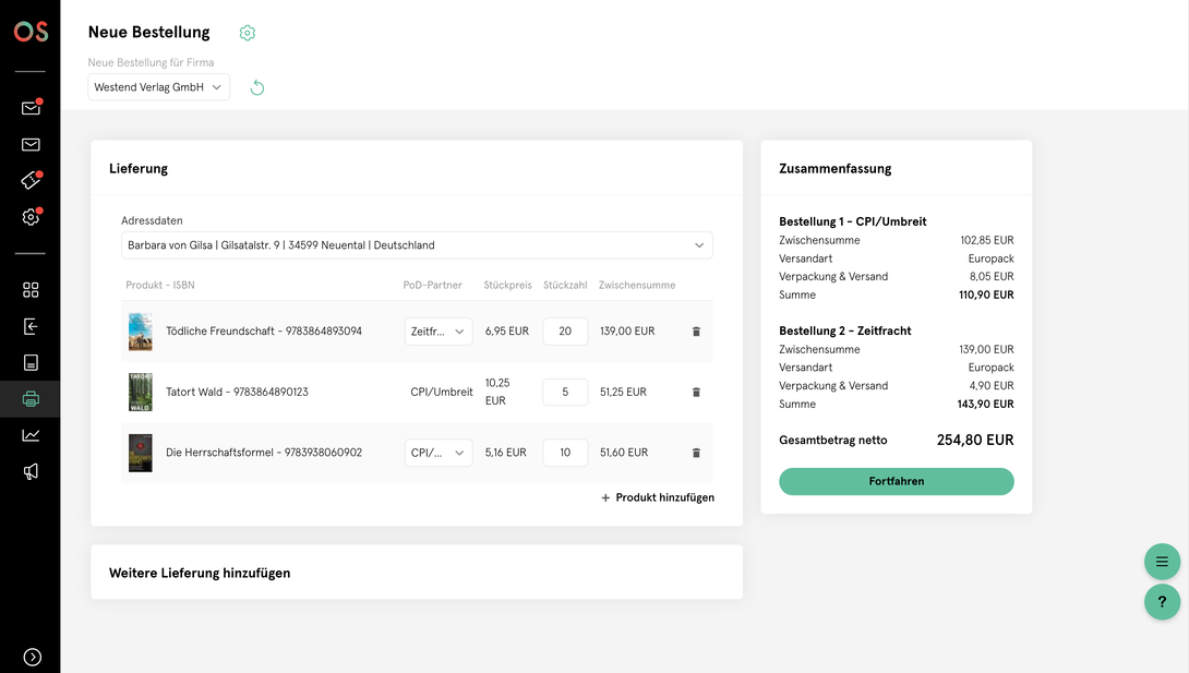 Bestellübersicht im Bookwire OS mit Lieferdetails, aufgelisteten Produkten, Versandarten und einer Zusammenfassung der Gesamtkosten inklusive Mehrwertsteuer.